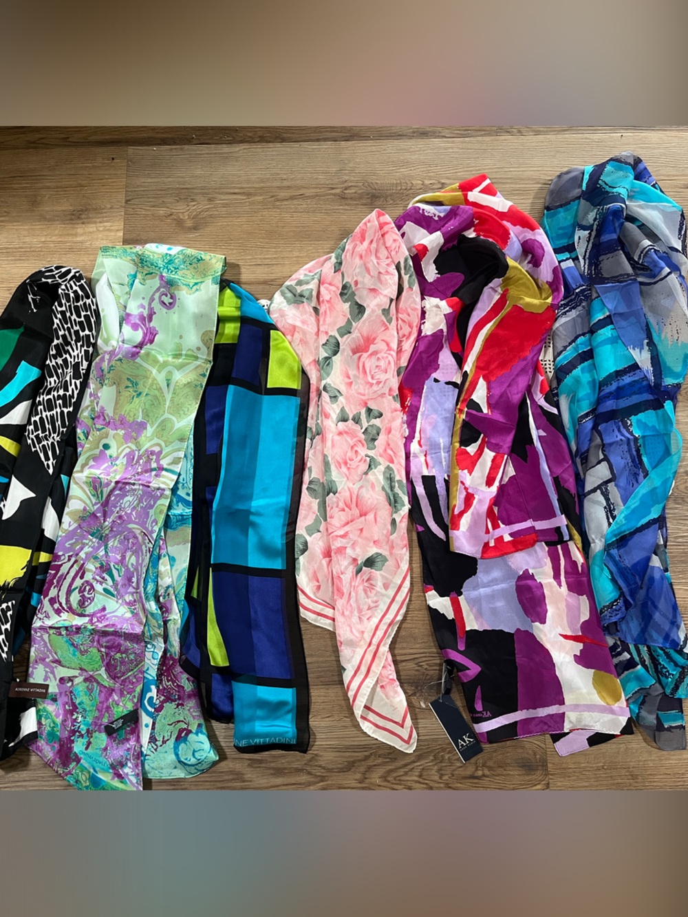 Lot 6 Designer Colorful Mixed Pattern Silk Scarves - Multicolor